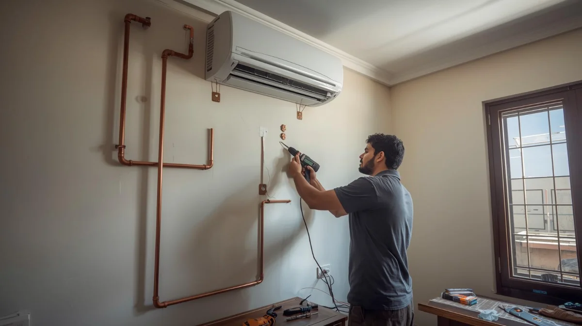Rifat technician completing AC installation in Dhaka office