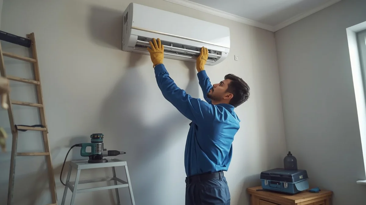Rifat Refrigerator technician installing split AC unit at a Dhaka home