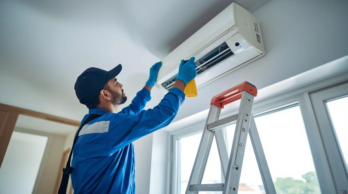 AC maintenance service being performed by a certified technician in Dhaka