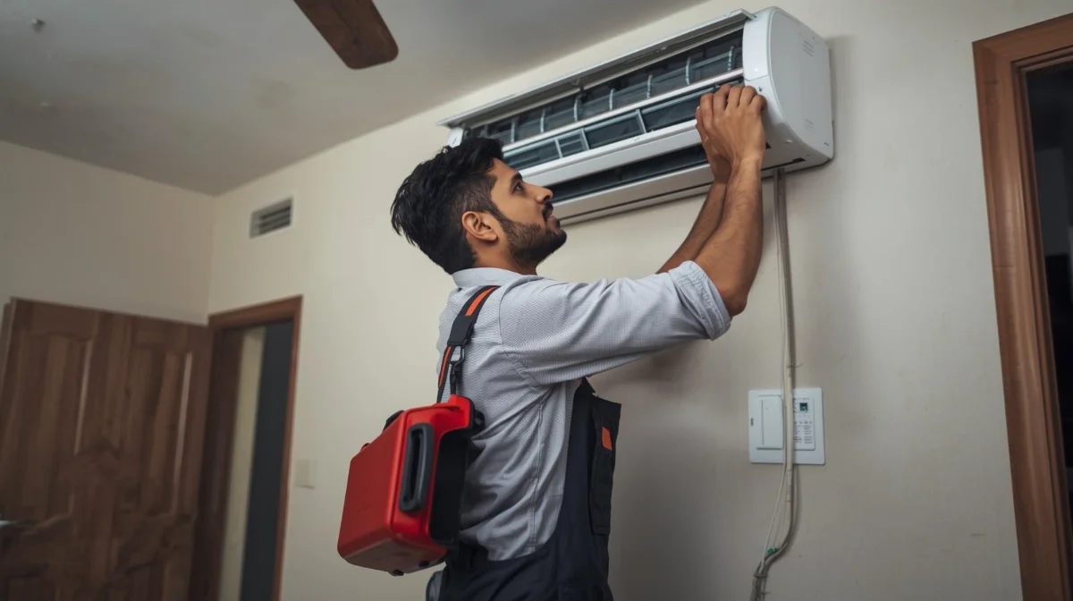 Technician diagnosing AC problem in Tongi house