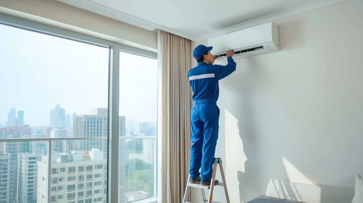 AC repair service technician working on split AC unit in Banani Dhaka