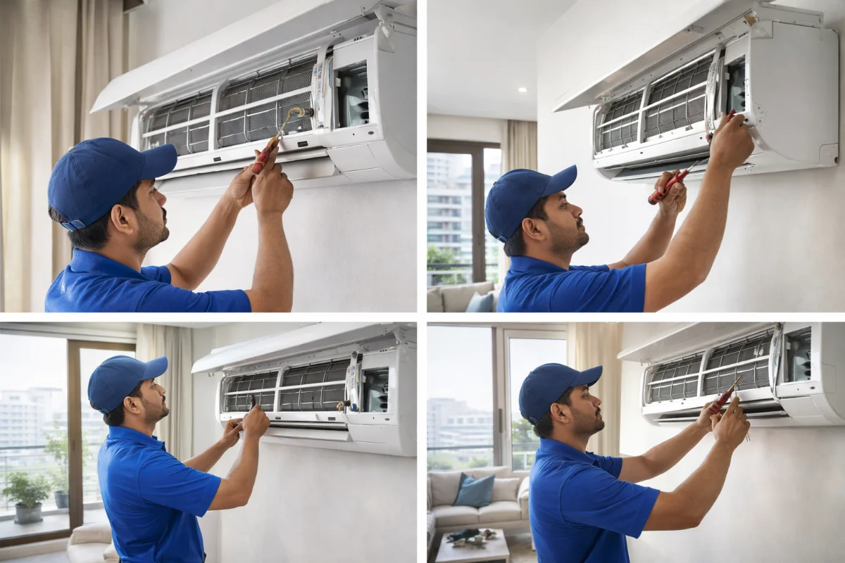 AC repair technician working on split AC unit in Bashundhara Dhaka