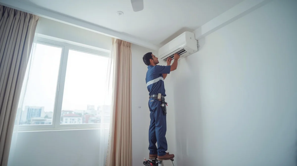 AC repair technician working at a home in Dhanmondi Dhaka - Rifat Refrigerator And Engineering