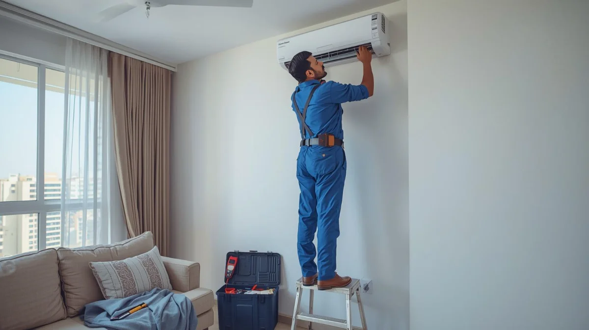 AC repair technician servicing an air conditioner unit in Dhaka