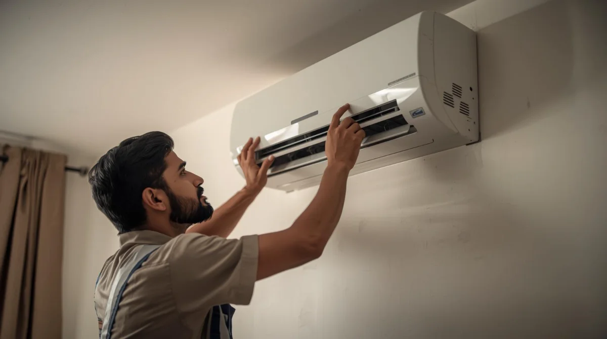 AC repair technician servicing an air conditioner in Khilkhet, Dhaka