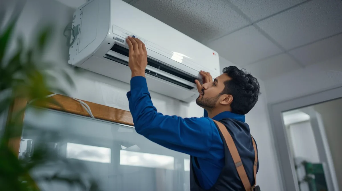 Rifat Refrigerator technician repairing AC at a Motijheel office