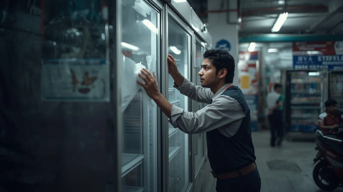 Commercial refrigeration service technician repairing a commercial fridge unit in Dhaka