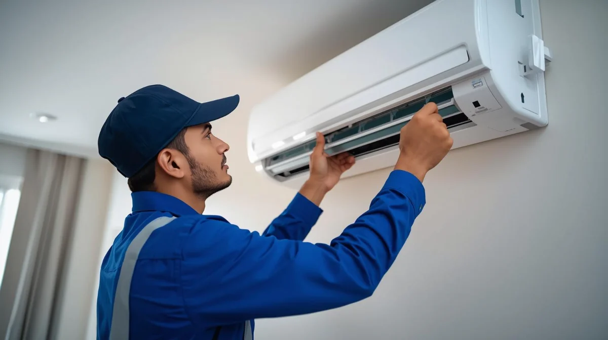Rifat Refrigerator and Engineering technician repairing AC unit in Dhaka home