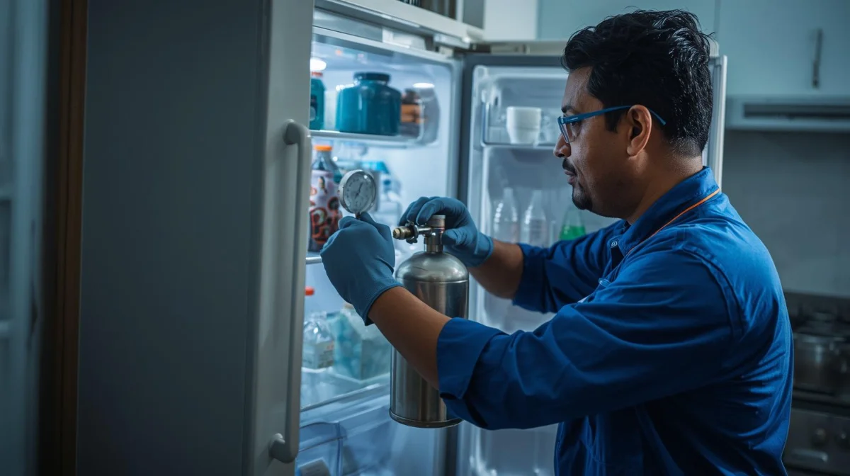 Rifat Refrigerator And Engineering technician performing refrigerator gas refill service in Dhaka