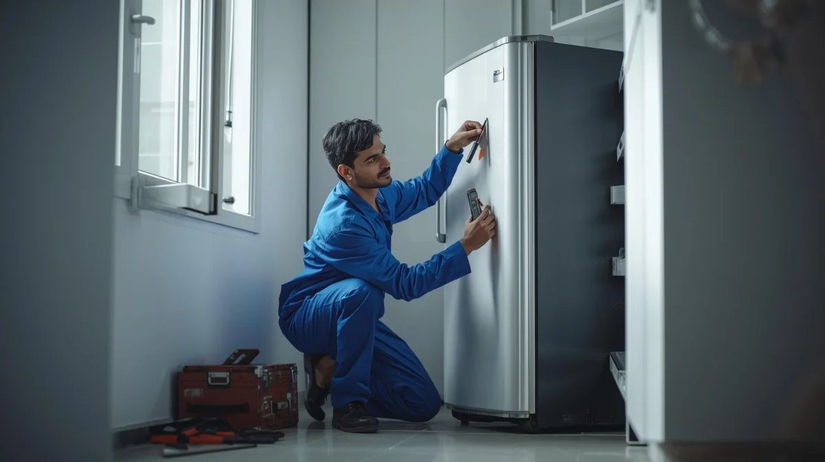 Refrigerator repair technician servicing a fridge in Dhaka