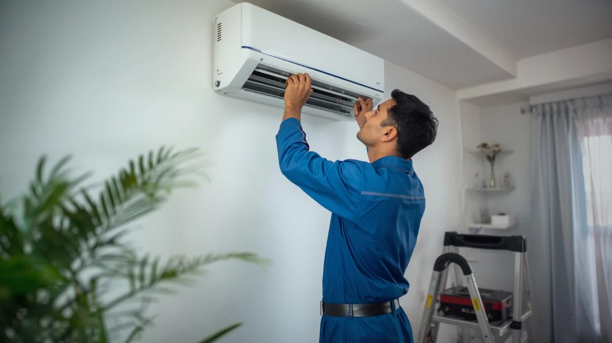 Rifat Refrigerator And Engineering certified technician performing AC repair service in Dhaka