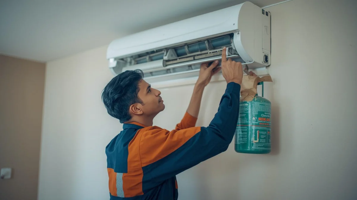 AC gas filling service in Dhaka — technician recharging refrigerant